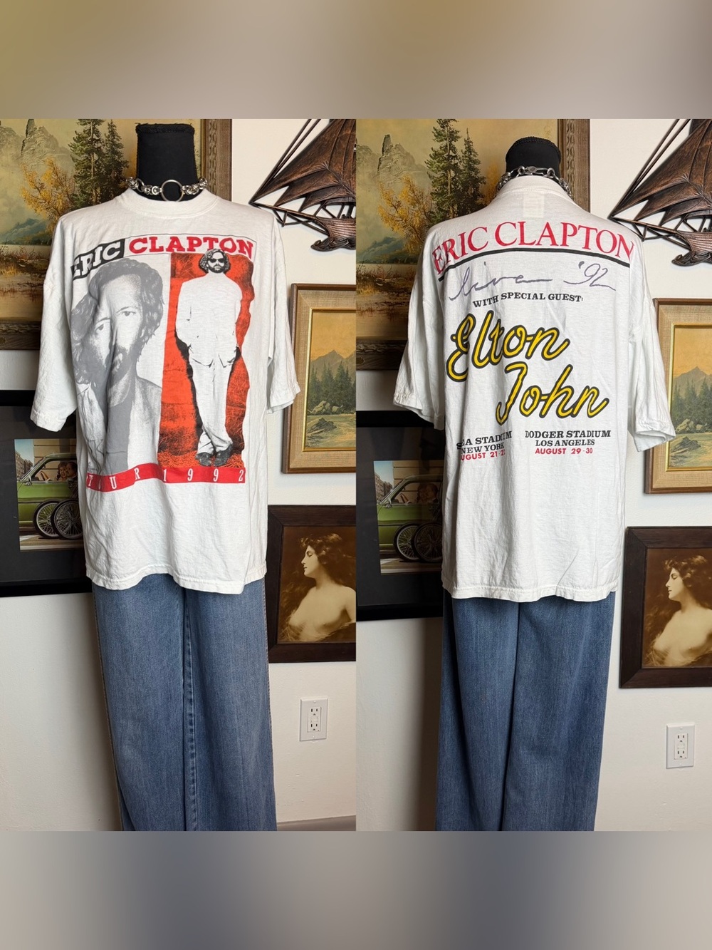 Original Vintage 1992 Eric Clapton Tour with Elton John Concert T-Shirt Large
